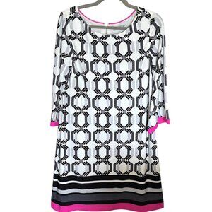 Eliza J Shift Dress Geometric Size 14 3/4 Flare Sleeve White‎ Black Pink Stretch